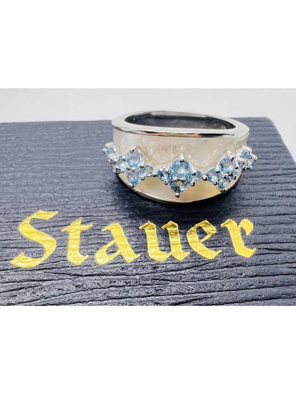 Stauer Pearl Topaz Ring swiss blue silver 925 Sz 7 luxury statement irridescent